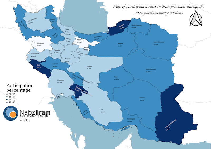 Map of participation rates in Iran provinces during the 2020 parliamentary elections